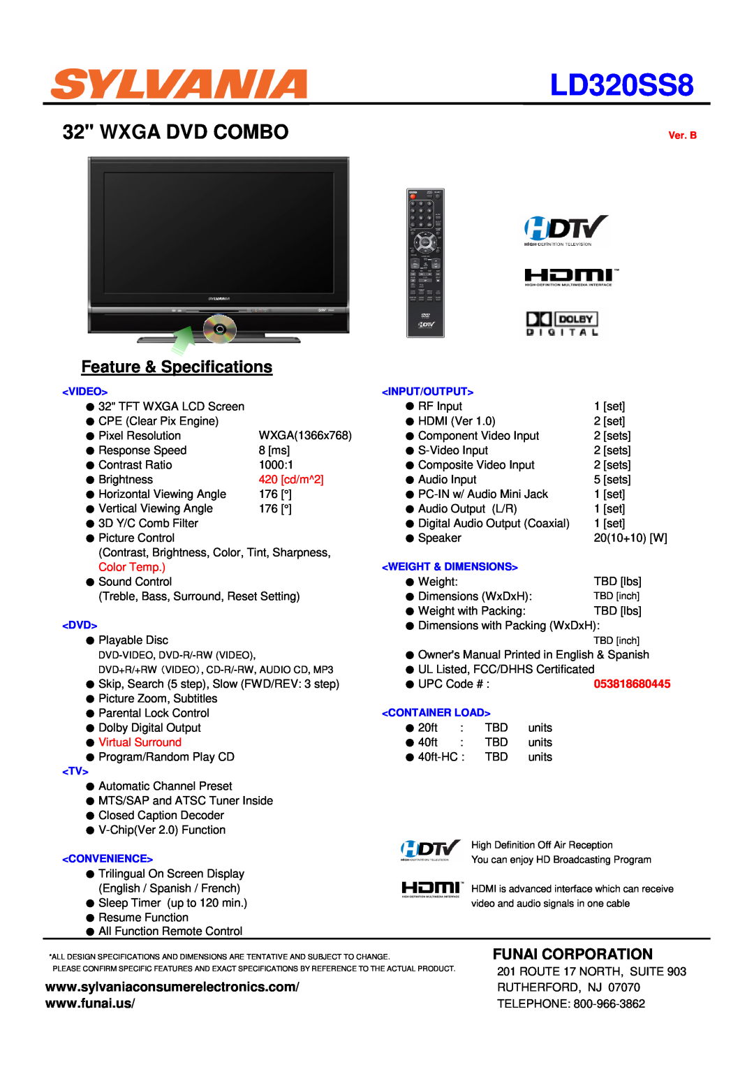 Sylvania LD320SS8 specifications Wxga Dvd Combo, Feature & Specifications, Funai Corporation, 420 cd/m2, Color Temp 