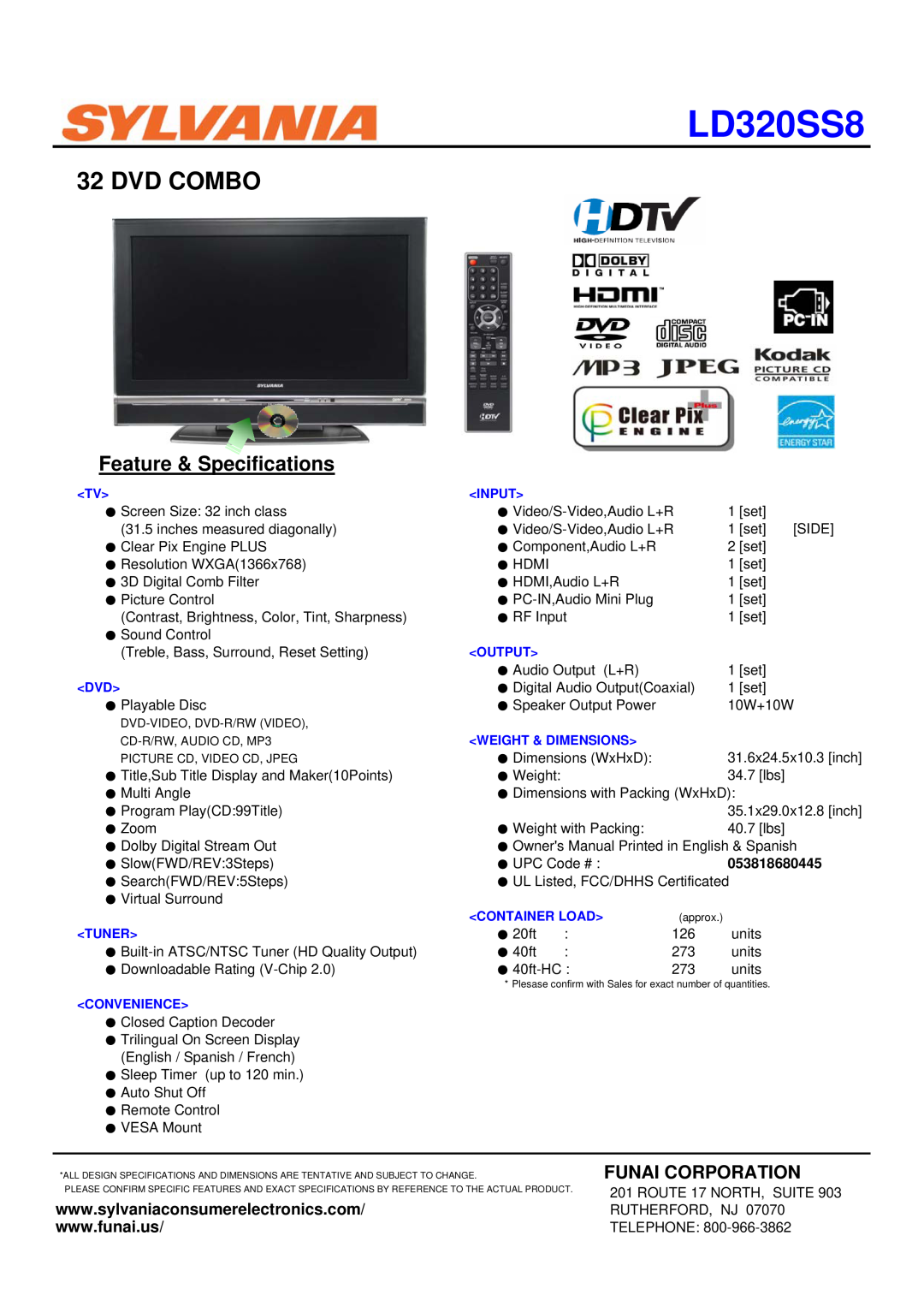 Sylvania LD320SS8 specifications Wxga Dvd Combo, Feature & Specifications, Funai Corporation, 420 cd/m2, Color Temp 