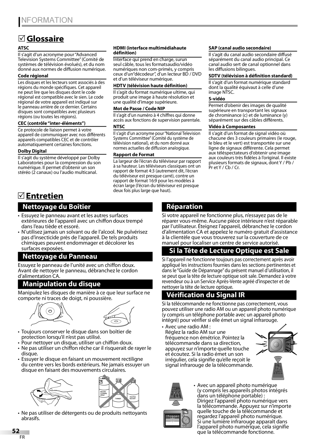 Sylvania LD320SSX owner manual Information, Glossaire, Entretien, Avec un appareil photo numérique 