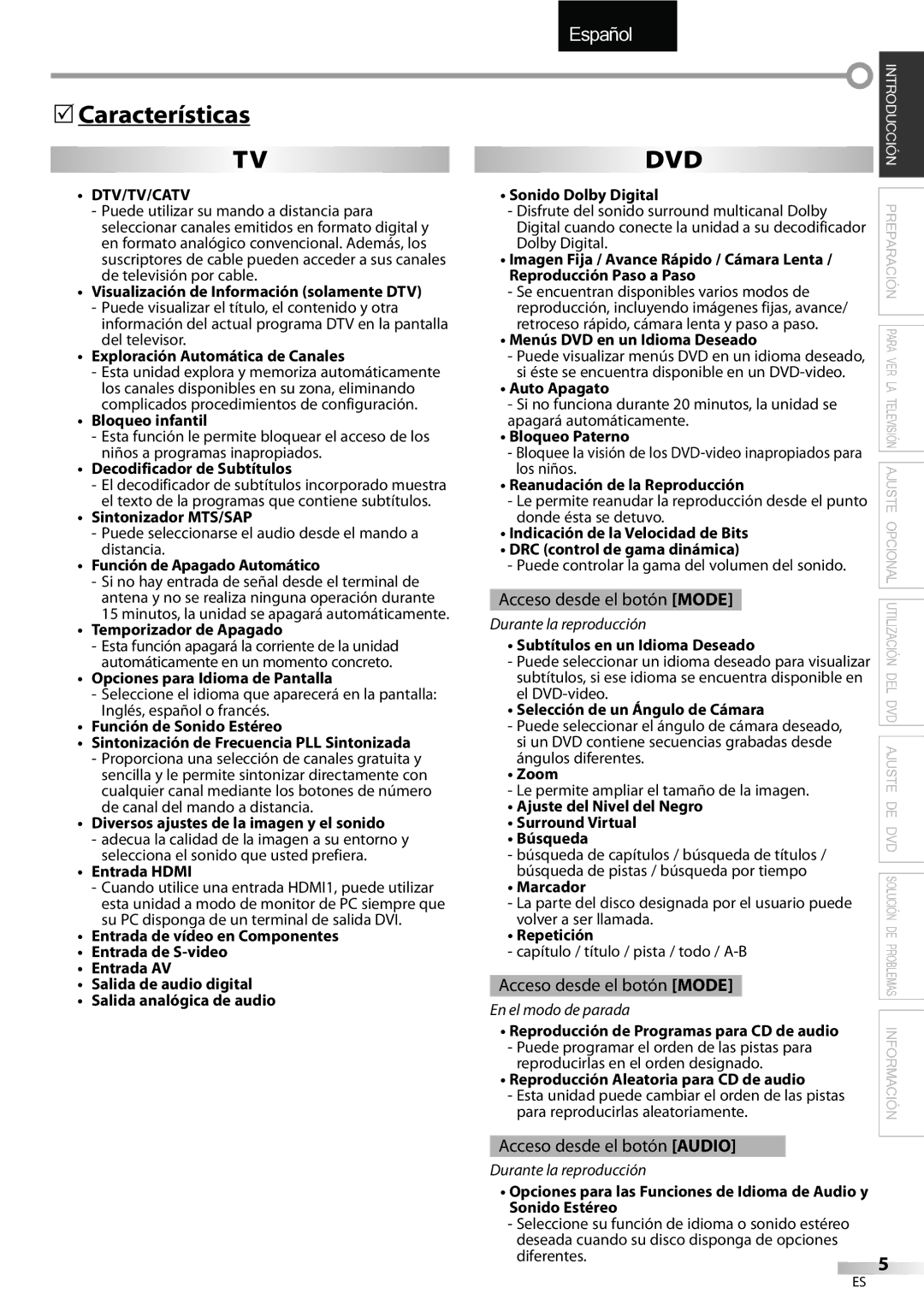 Sylvania LD320SSX owner manual Características 