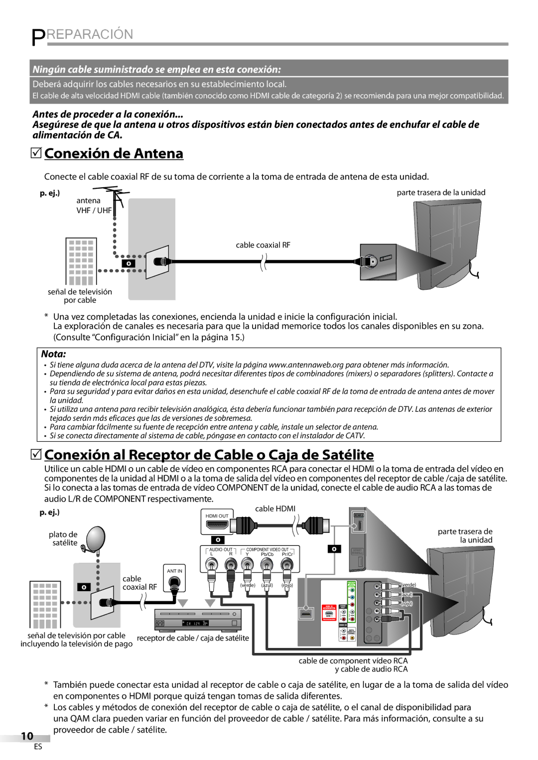 Sylvania LD320SSX owner manual Preparación, 5Conexión de Antena, 5Conexión al Receptor de Cable o Caja de Satélite 