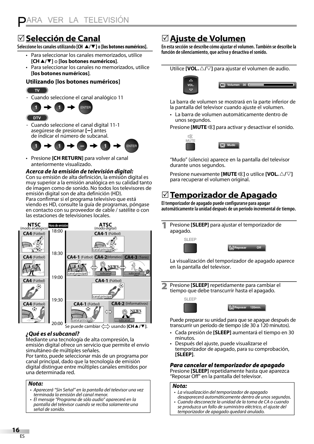 Sylvania LD320SSX owner manual Para VER LA Televisión, 5Selección de Canal, 5Ajuste de Volumen, 5Temporizador de Apagado 