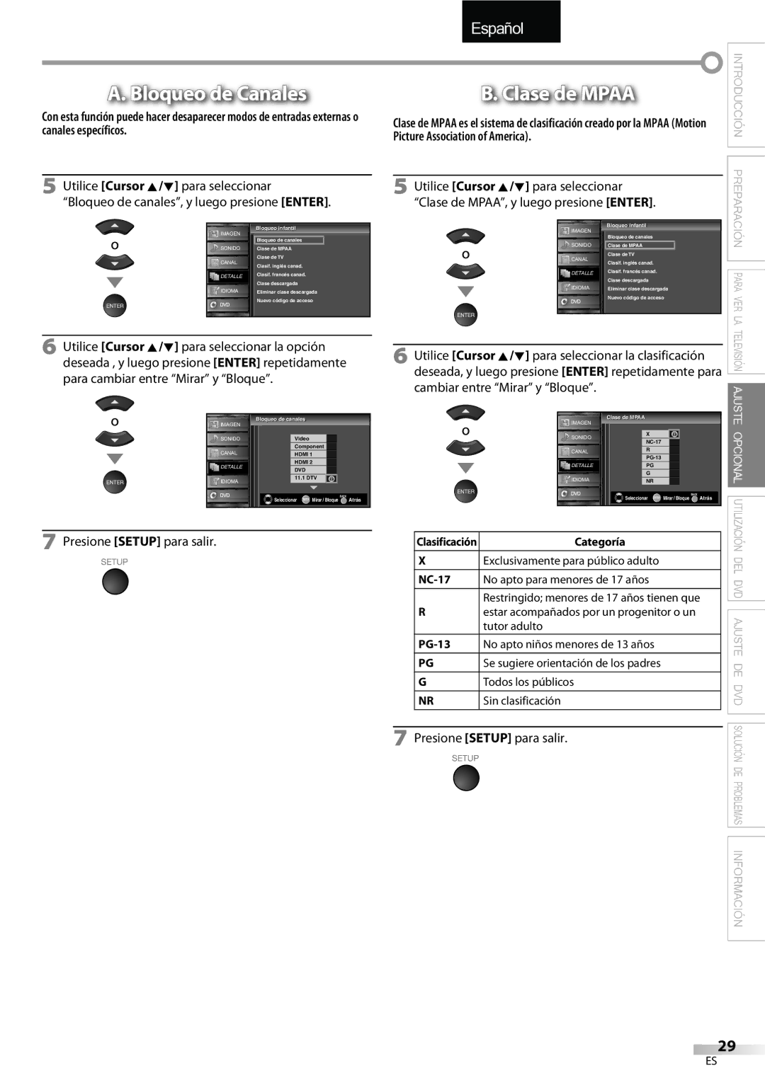 Sylvania LD320SSX owner manual Bloqueo de Canales, Clase de Mpaa, Categoría, De canales l, De Mpaa 