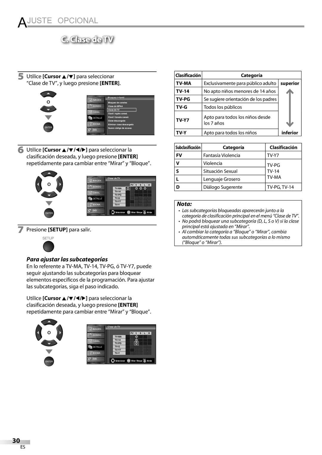 Sylvania LD320SSX owner manual Clase de TV, Para ajustar las subcategorías 