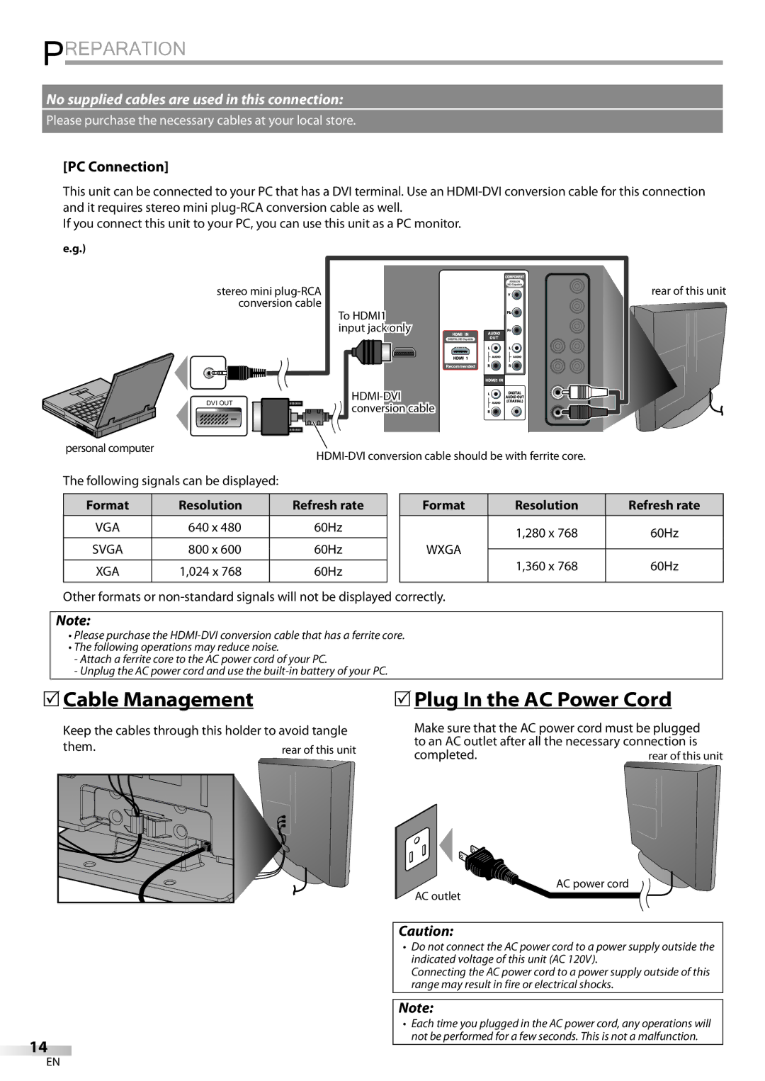 Sylvania LD320SSX owner manual 5Cable Management, 5Plug In the AC Power Cord, PC Connection, Resolution 