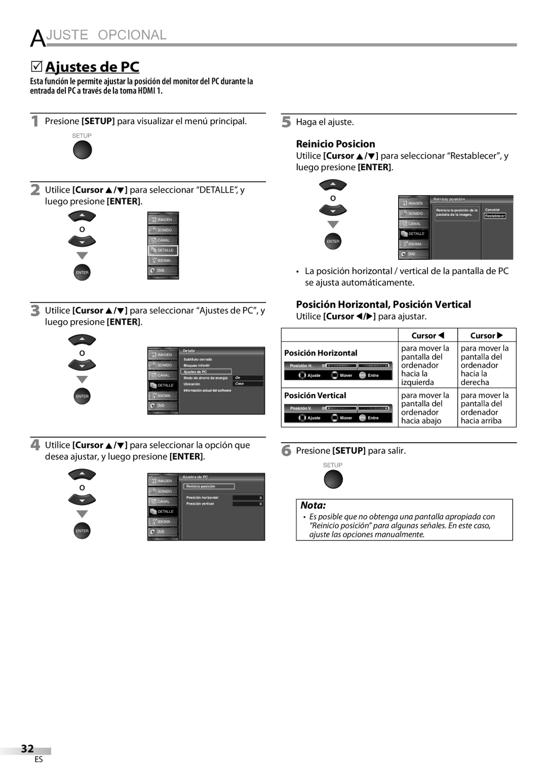 Sylvania LD320SSX owner manual 5Ajustes de PC, Reinicio Posicion, Posición Horizontal, Posición Vertical 