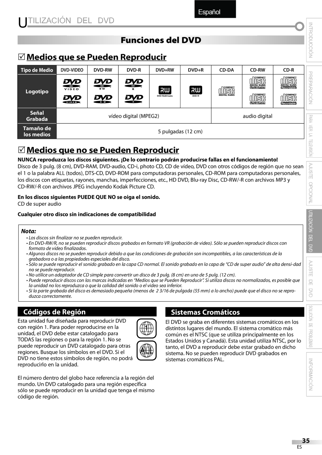 Sylvania LD320SSX Utilización DEL DVD, Funciones del DVD 5Medios que se Pueden Reproducir, Tamaño de, Los medios 