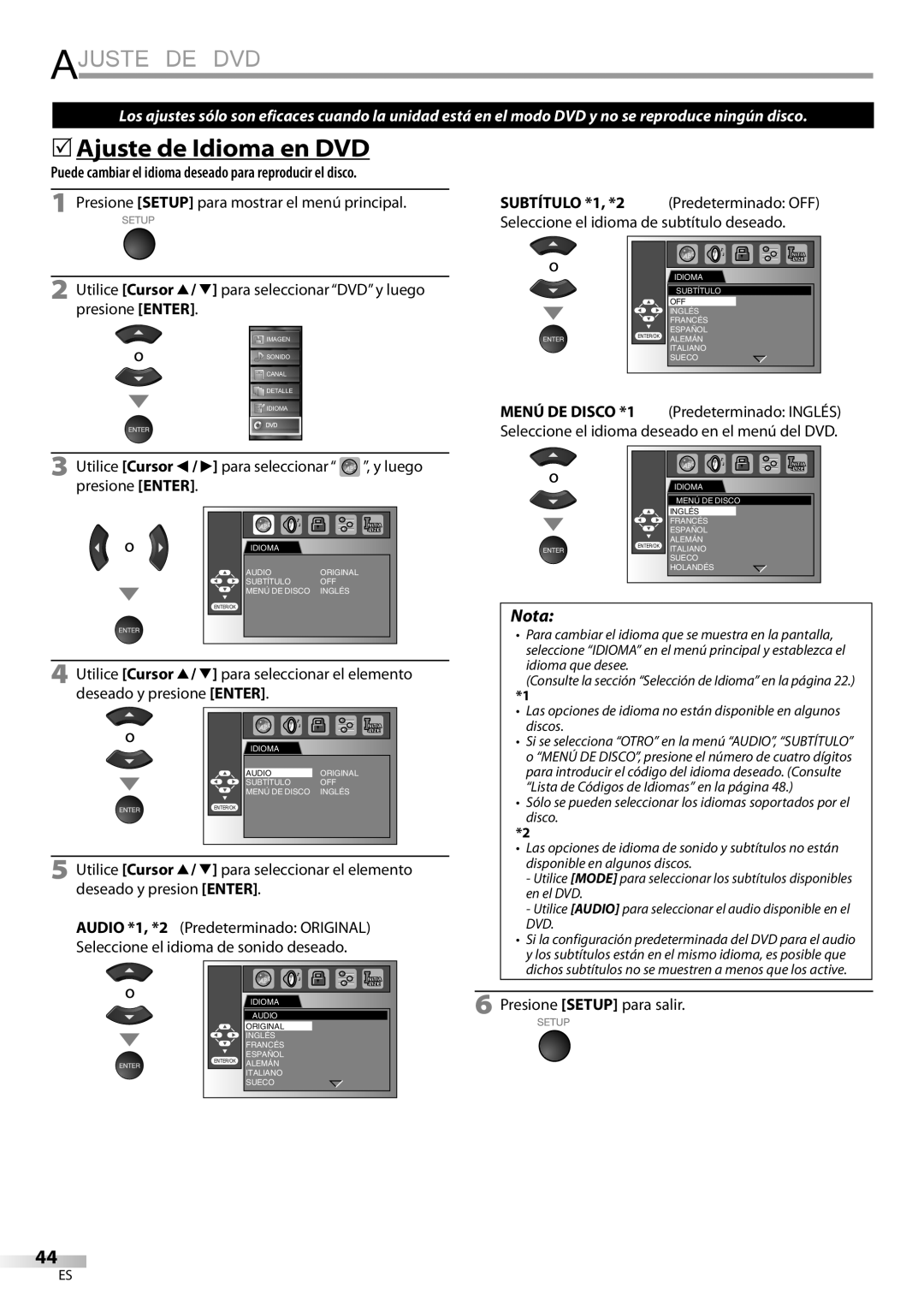 Sylvania LD320SSX Ajuste DE DVD, 5Ajuste de Idioma en DVD, Puede cambiar el idioma deseado para reproducir el disco 