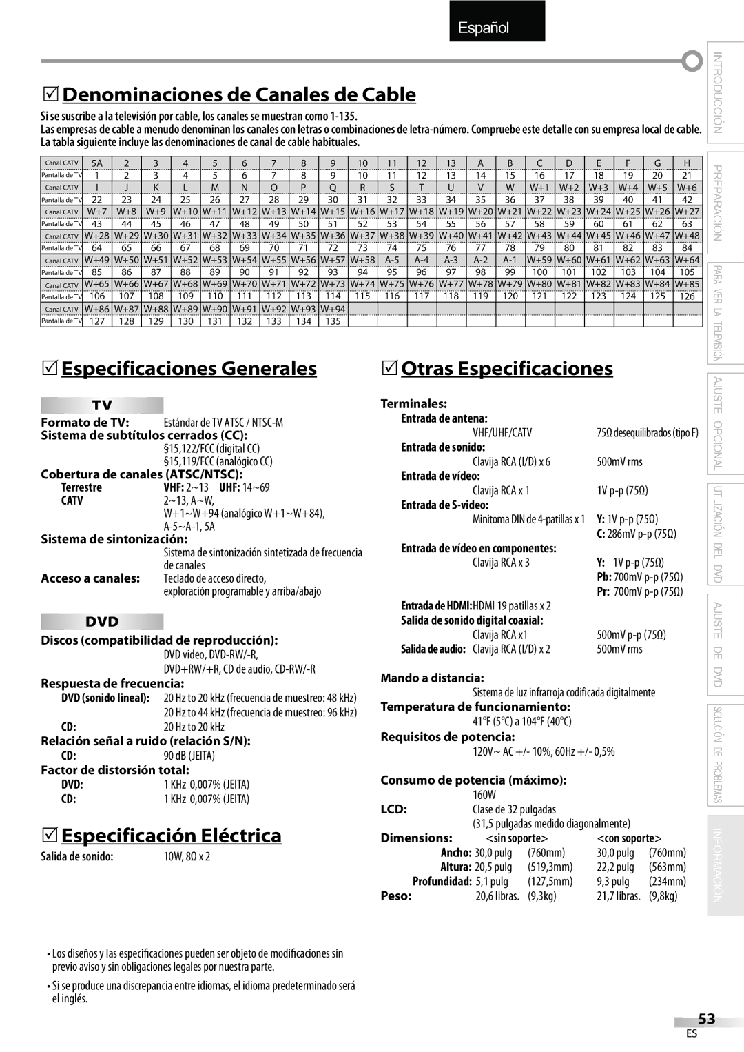 Sylvania LD320SSX owner manual 5Denominaciones de Canales de Cable, 5Especificaciones Generales, 5Especificación Eléctrica 