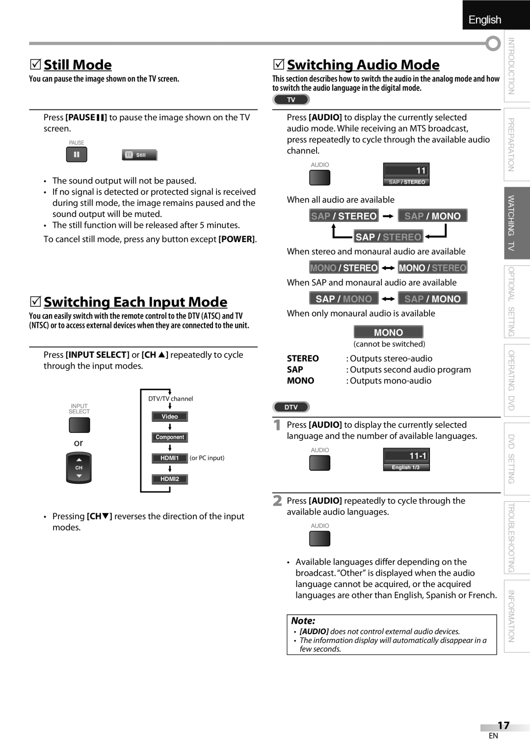 Sylvania LD320SSX owner manual 5Still Mode, 5Switching Each Input Mode, 5Switching Audio Mode 