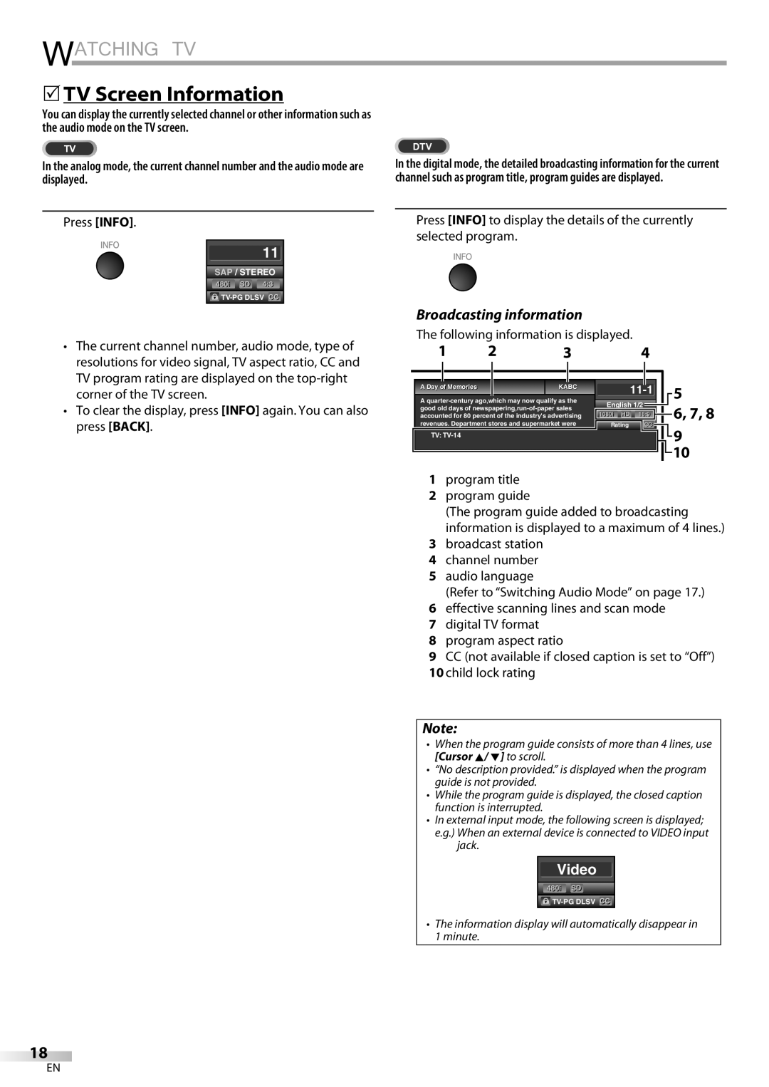 Sylvania LD320SSX 5TV Screen Information, Broadcasting information, Press Info, Following information is displayed 