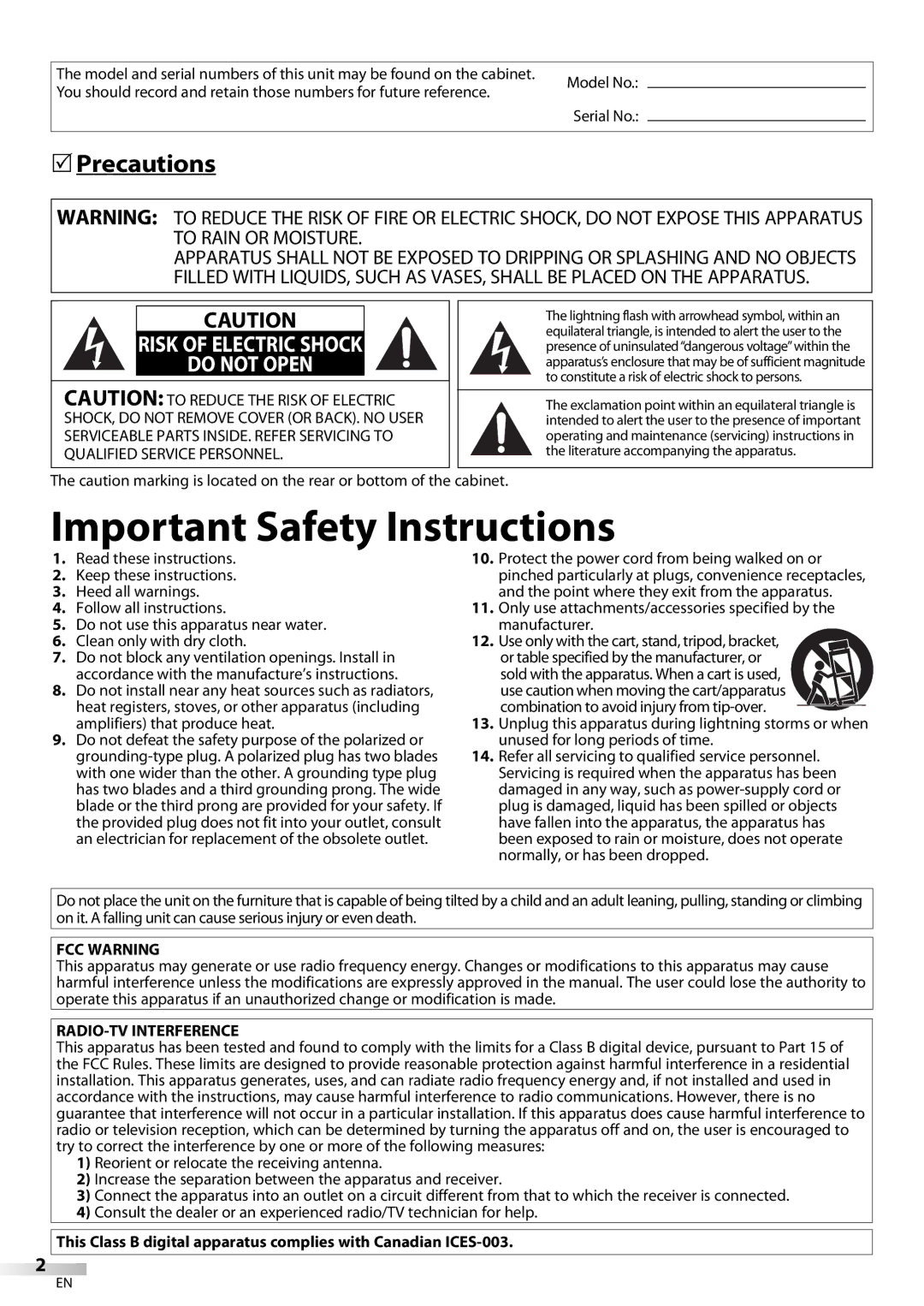 Sylvania LD320SSX owner manual Precautions, FCC Warning, RADIO-TV Interference 