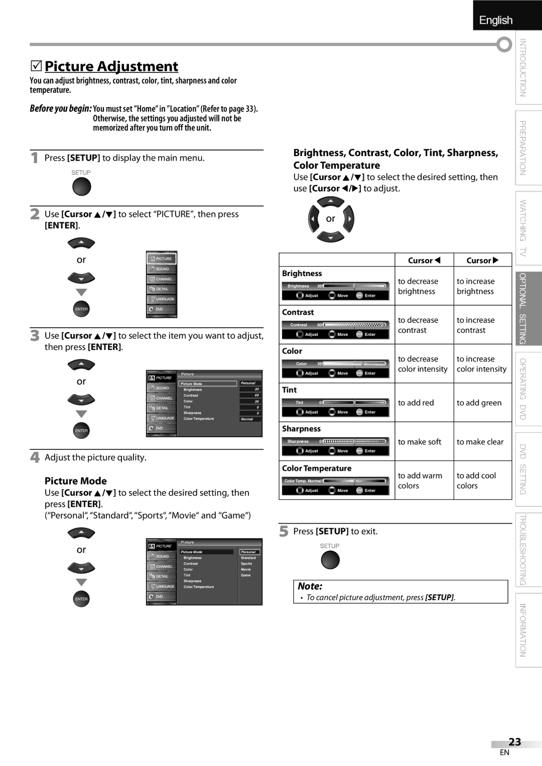 Sylvania LD320SSX owner manual 5Picture Adjustment, Picture Mode, Adjust the picture quality, Sharpness 