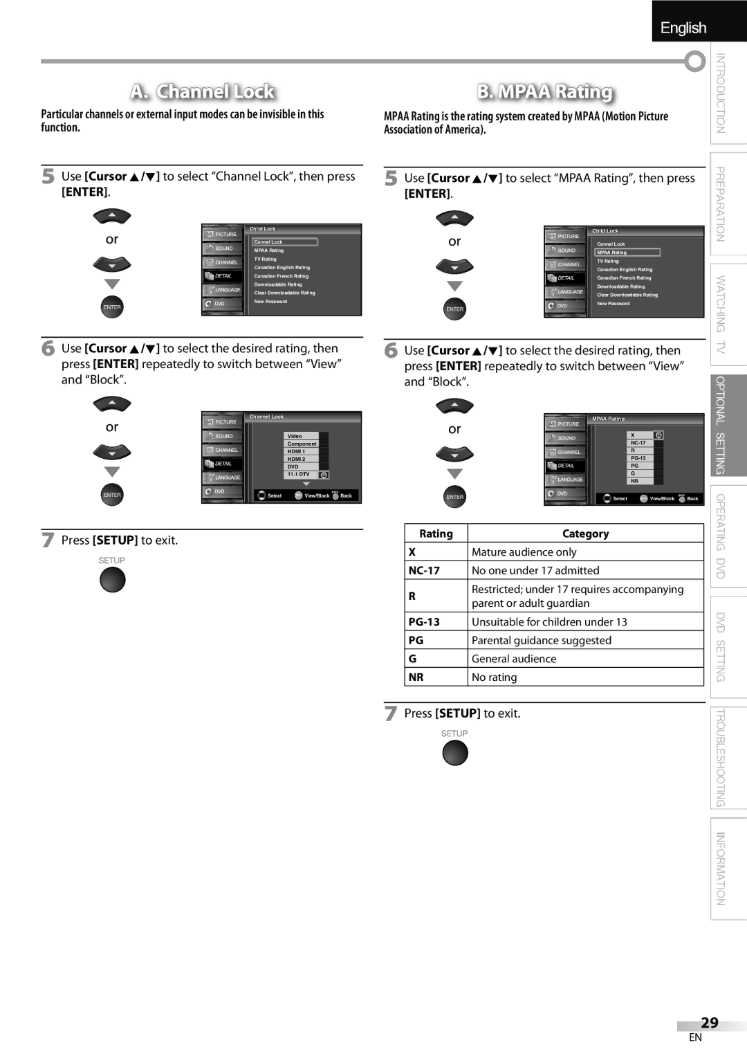 Sylvania LD320SSX owner manual Mpaa Rating, Use Cursor K/L to select Channel Lock, then press Enter 