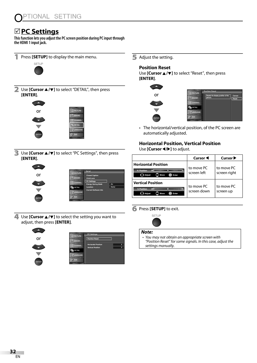 Sylvania LD320SSX owner manual 5PC Settings, Position Reset, Horizontal Position, Vertical Position 