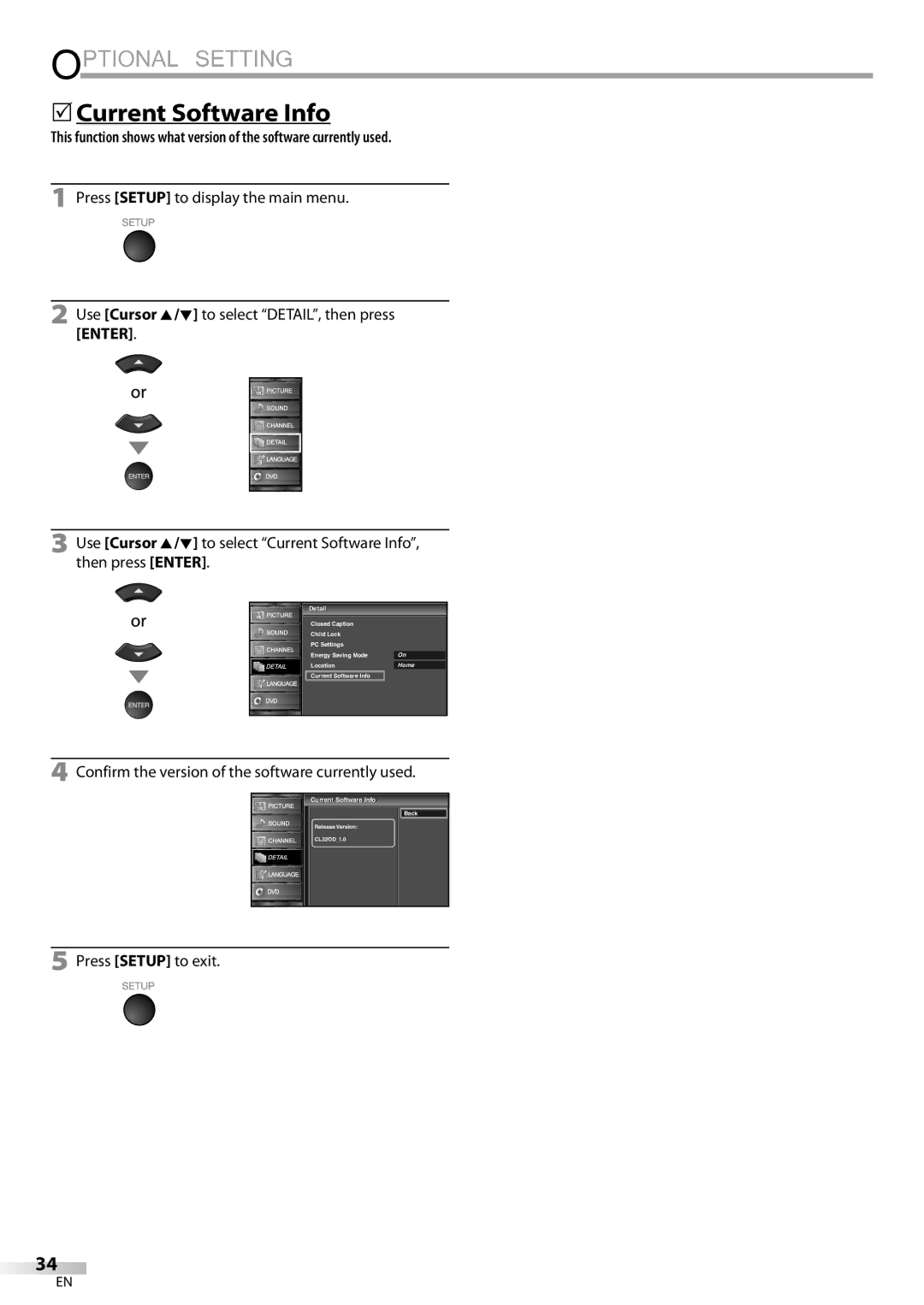 Sylvania LD320SSX 5Current Software Info, Confirm the version of the software currently used, Current Software InfoI 