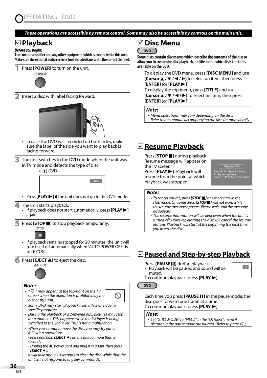 Sylvania LD320SSX owner manual 5Disc Menu, 5Resume Playback 