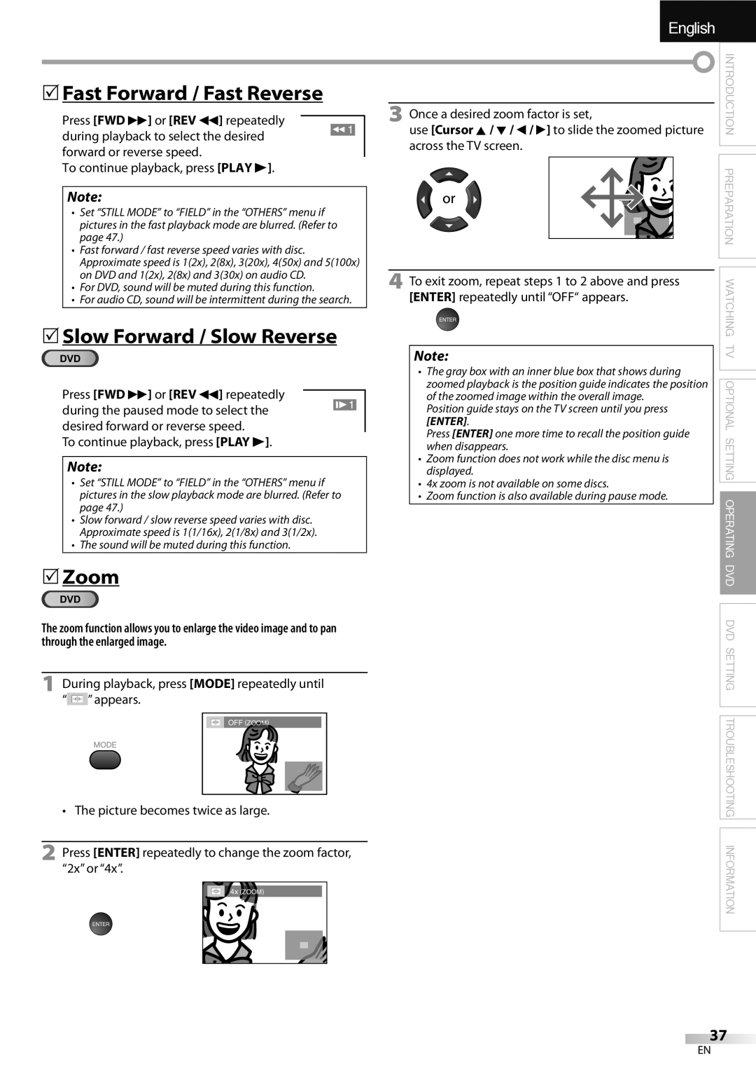 Sylvania LD320SSX owner manual 5Fast Forward / Fast Reverse, 5Slow Forward / Slow Reverse, Zoom 