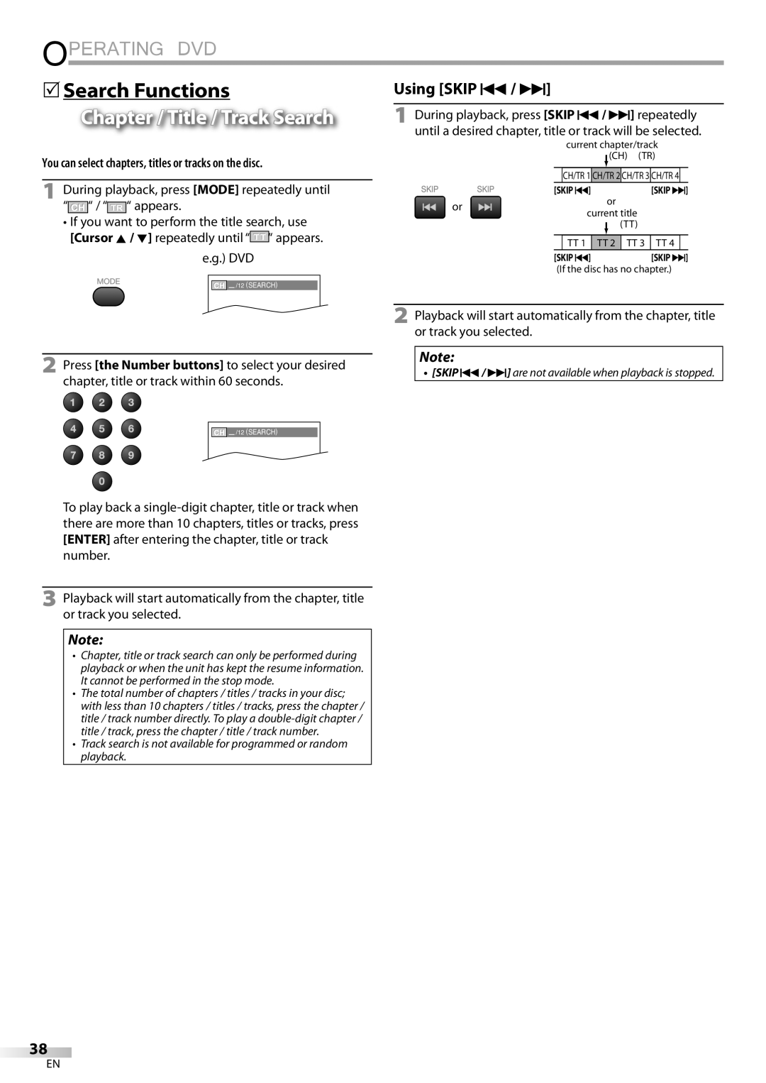 Sylvania LD320SSX 5Search Functions, Chapter / Title / Track Search, You can select chapters, titles or tracks on the disc 