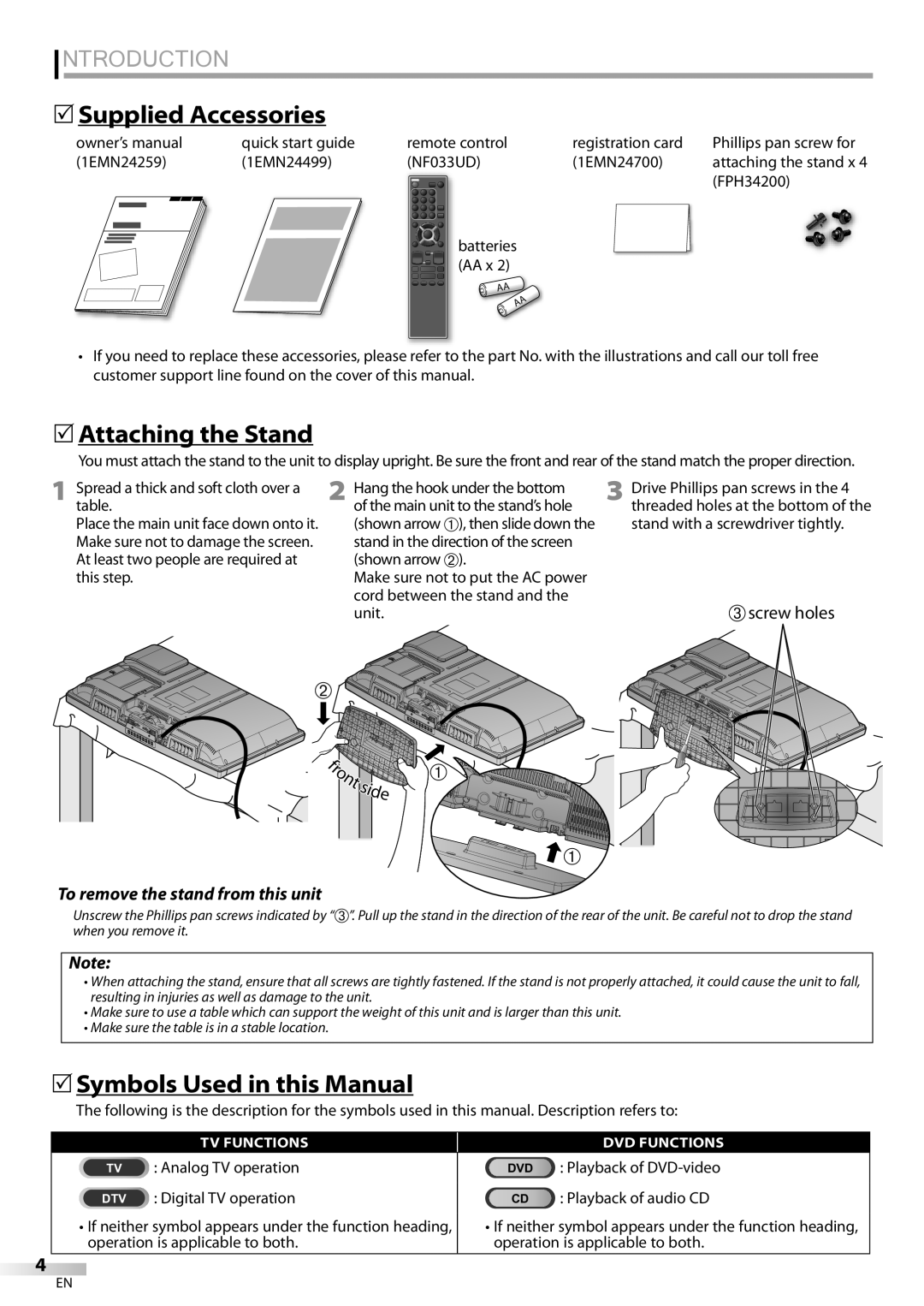 Sylvania LD320SSX owner manual TV Analog TV operation DTV Digital TV operation, 5Attaching the Stand 