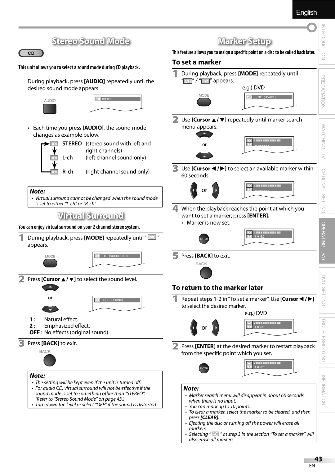 Sylvania LD320SSX owner manual Stereo Sound Mode, Marker Setup, Virtual Surround 