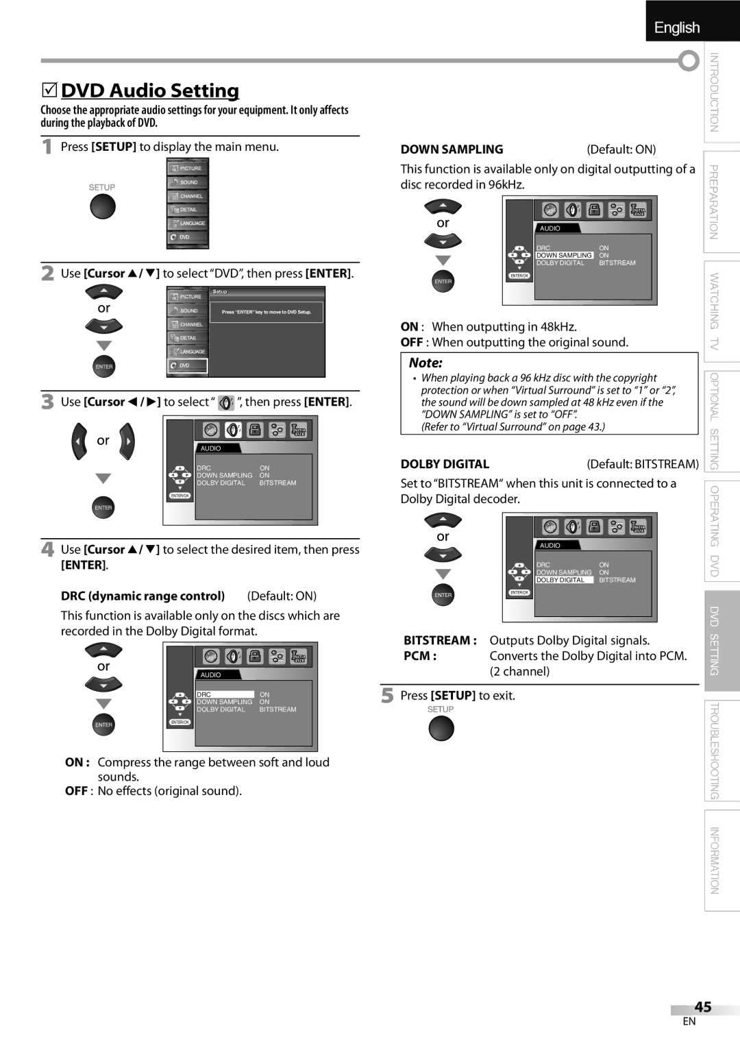 Sylvania LD320SSX owner manual 5DVD Audio Setting, Down Sampling 