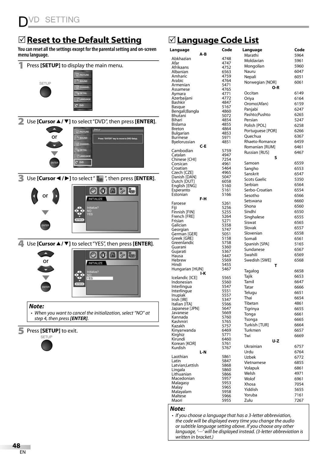 Sylvania LD320SSX 5Reset to the Default Setting 5Language Code List, Use Cursor s / B to select , then press Enter 