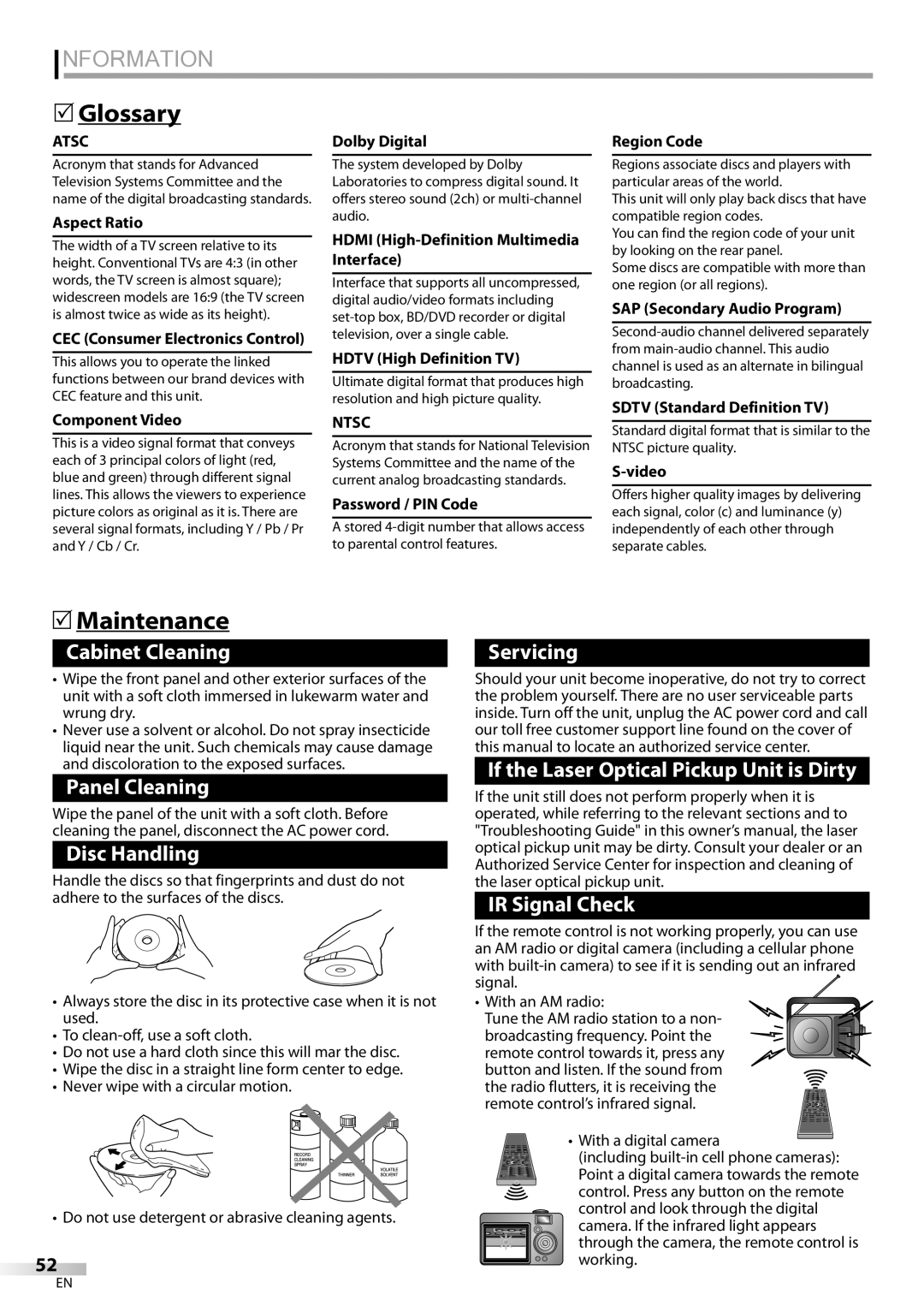 Sylvania LD320SSX owner manual Glossary, Maintenance, Ntsc 