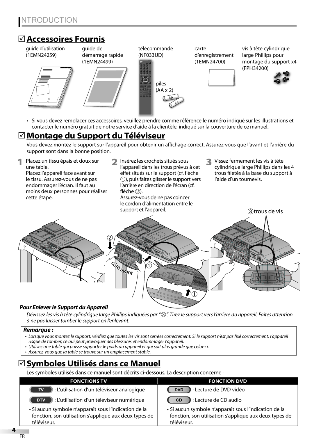 Sylvania LD320SSX Introduction, 5Accessoires Fournis, 5Montage du Support du Téléviseur, 5Symboles Utilisés dans ce Manuel 