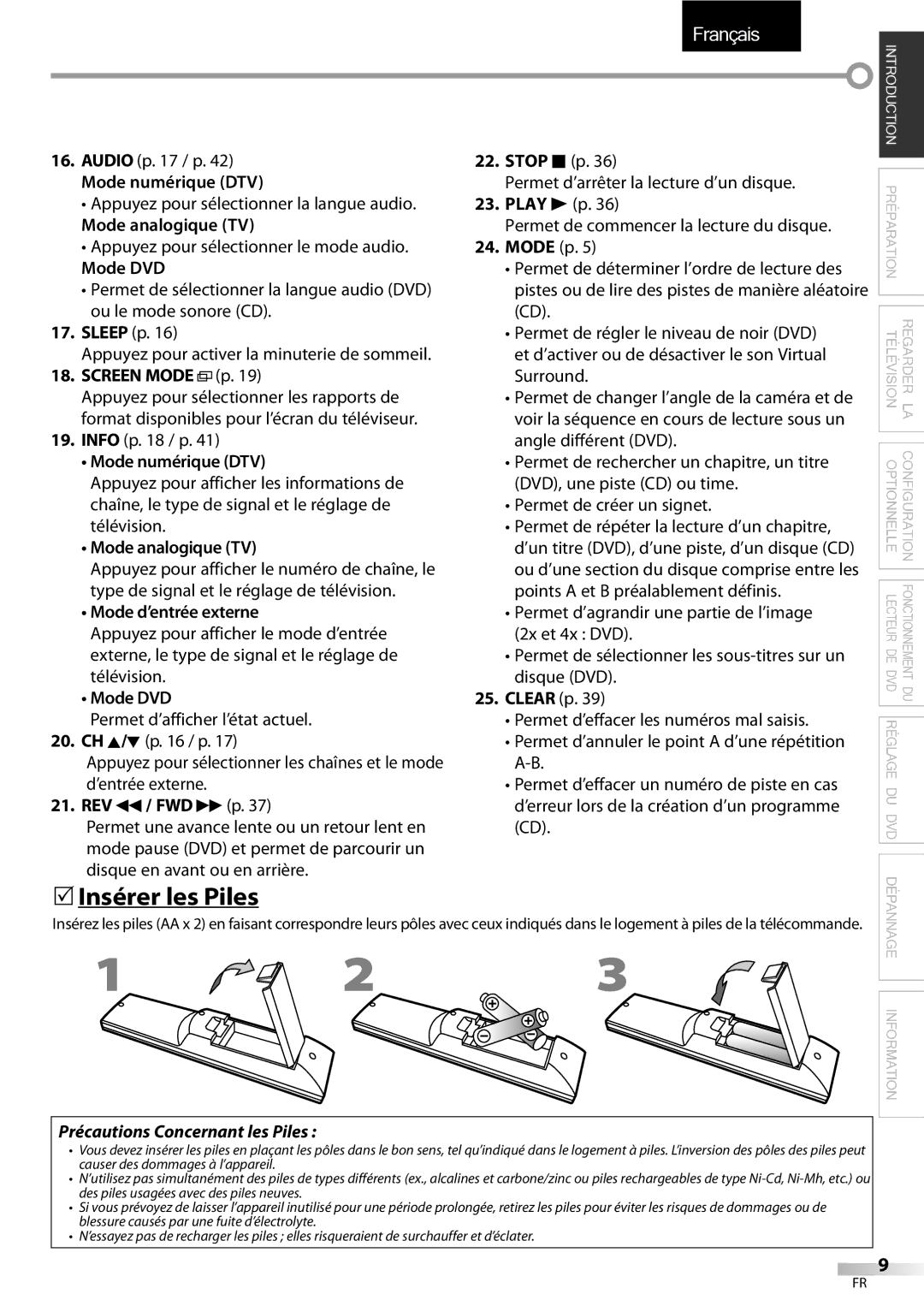 Sylvania LD320SSX owner manual 5Insérer les Piles, Mode numérique DTV, Mode analogique TV, Mode d’entrée externe 