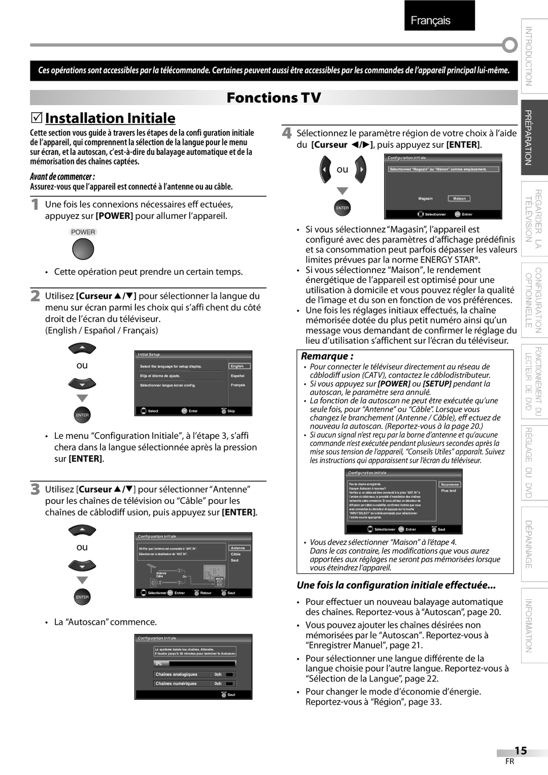 Sylvania LD320SSX Fonctions TV 5Installation Initiale, Avant de commencer, Une fois la configuration initiale effectuée 