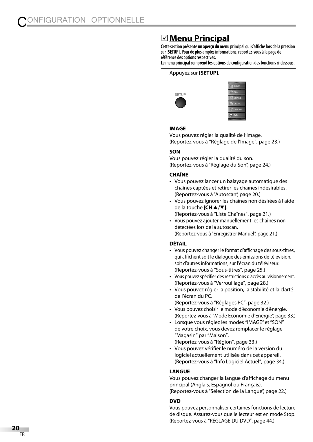 Sylvania LD320SSX owner manual Configuration Optionnelle, 5Menu Principal 