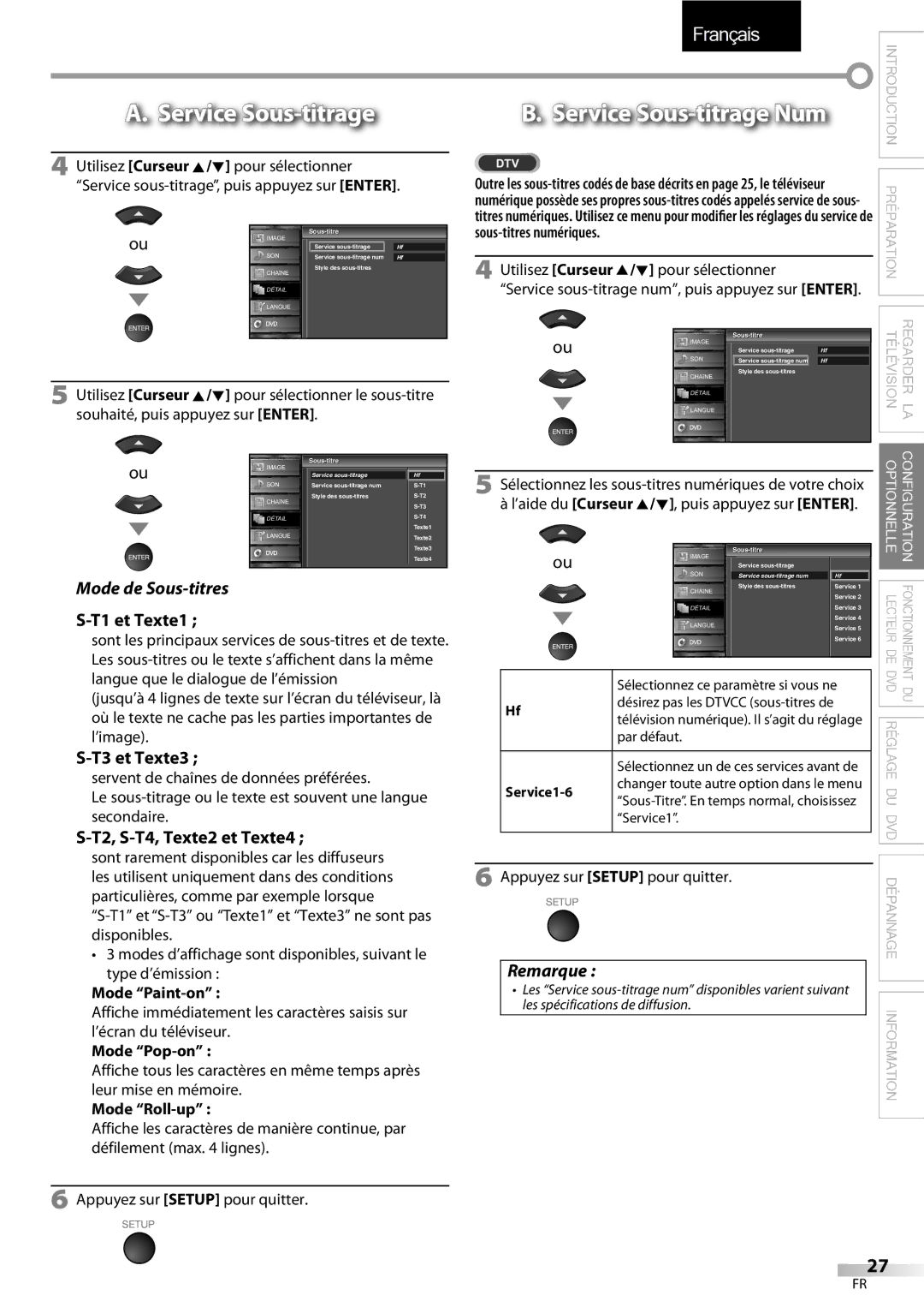 Sylvania LD320SSX owner manual Service Sous-titrage Num, Mode de Sous-titres 