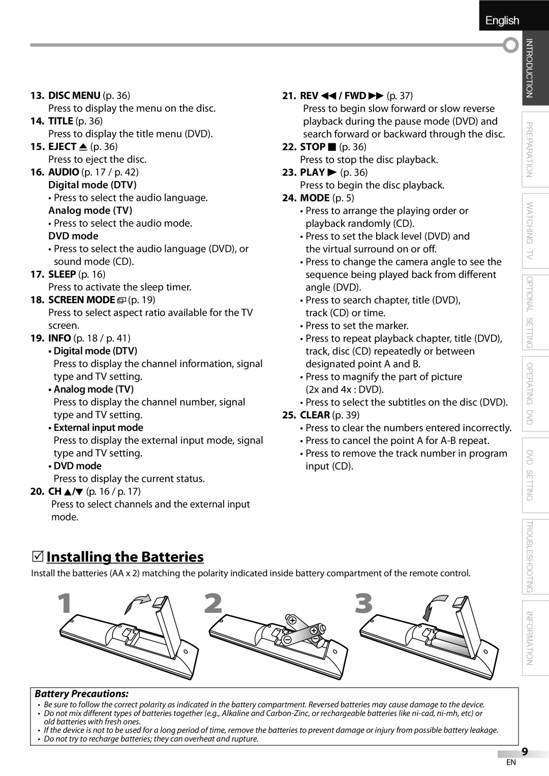 Sylvania LD320SSX owner manual 5Installing the Batteries, Battery Precautions 