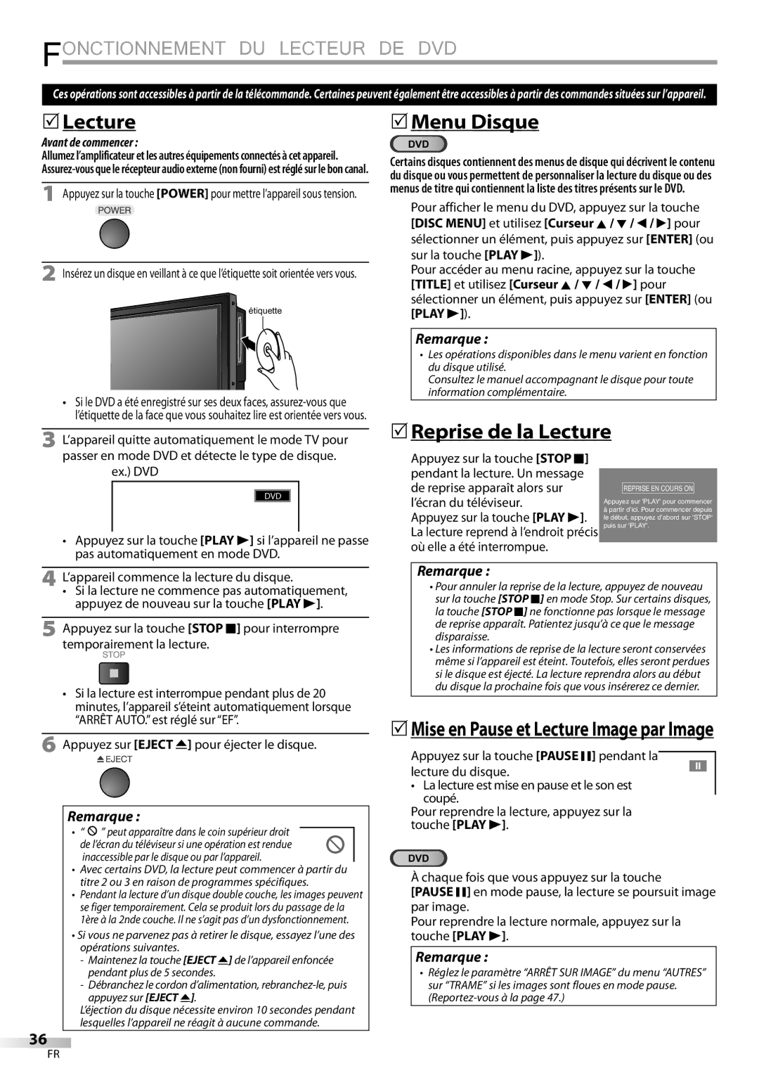 Sylvania LD320SSX owner manual 5Menu Disque, 5Reprise de la Lecture, Play B 