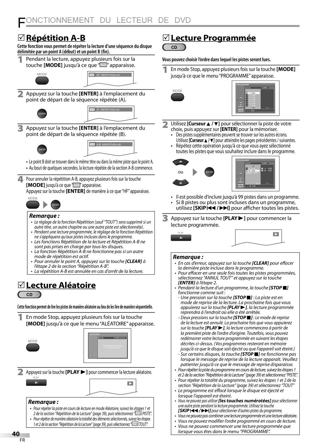 Sylvania LD320SSX owner manual 5Répétition A-B, 5Lecture Programmée, 5Lecture Aléatoire 