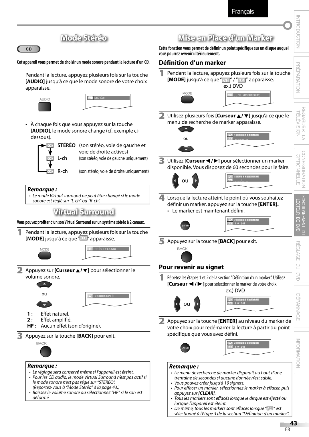 Sylvania LD320SSX owner manual Mode Stéréo, Mise en Place d’un Marker 