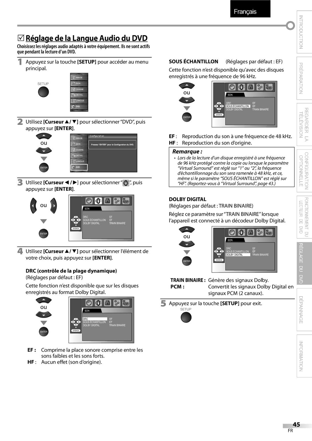 Sylvania LD320SSX 5Réglage de la Langue Audio du DVD, DRC contrôle de la plage dynamique Réglages par défaut EF 