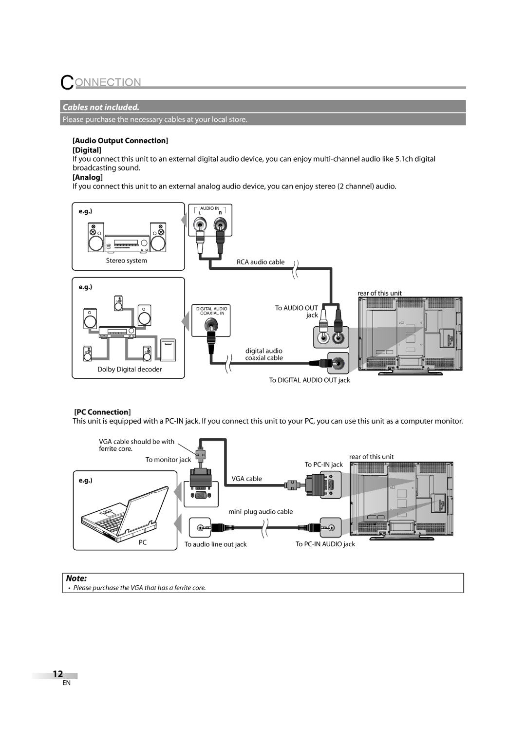 Sylvania LD370SC8 S owner manual Audio Output Connection Digital, Analog, PC Connection 