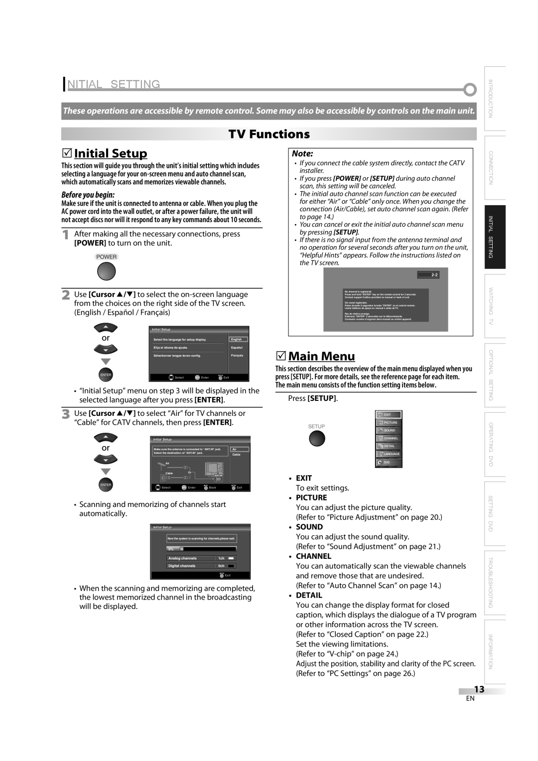 Sylvania LD370SC8 S owner manual Initial Setting, TV Functions, 5Initial Setup, 5Main Menu 