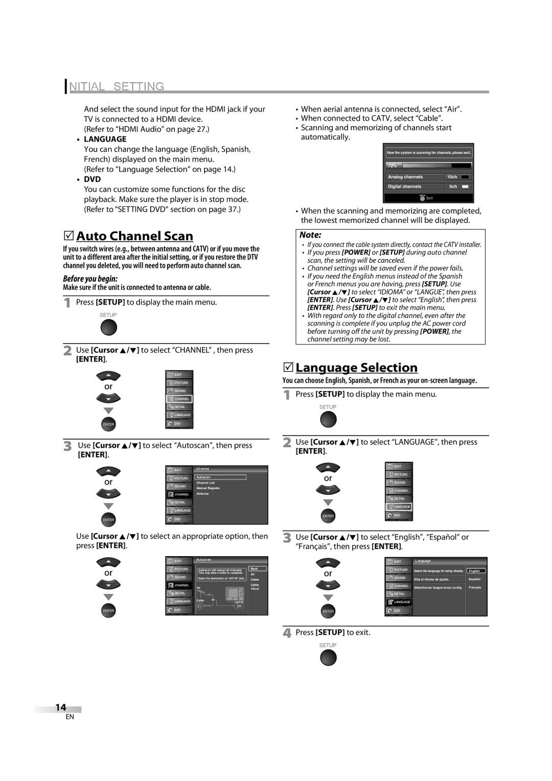 Sylvania LD370SC8 S 5Auto Channel Scan, 5Language Selection, Dvd, Make sure if the unit is connected to antenna or cable 