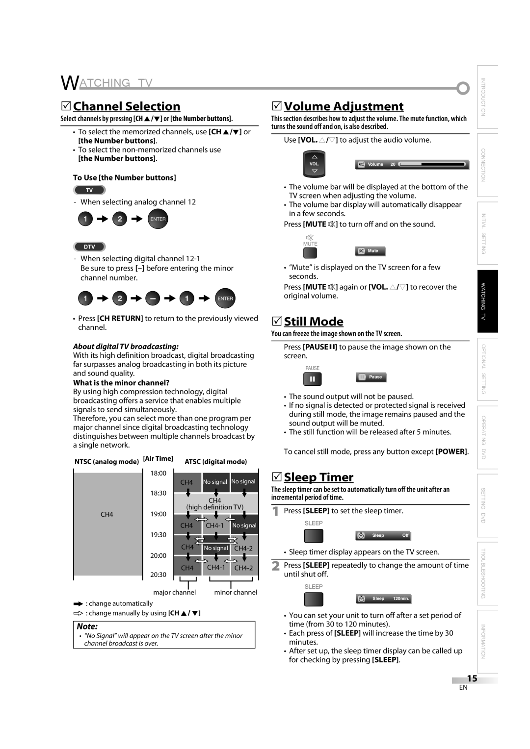 Sylvania LD370SC8 S owner manual Watching TV, 5Channel Selection, 5Still Mode, 5Sleep Timer 