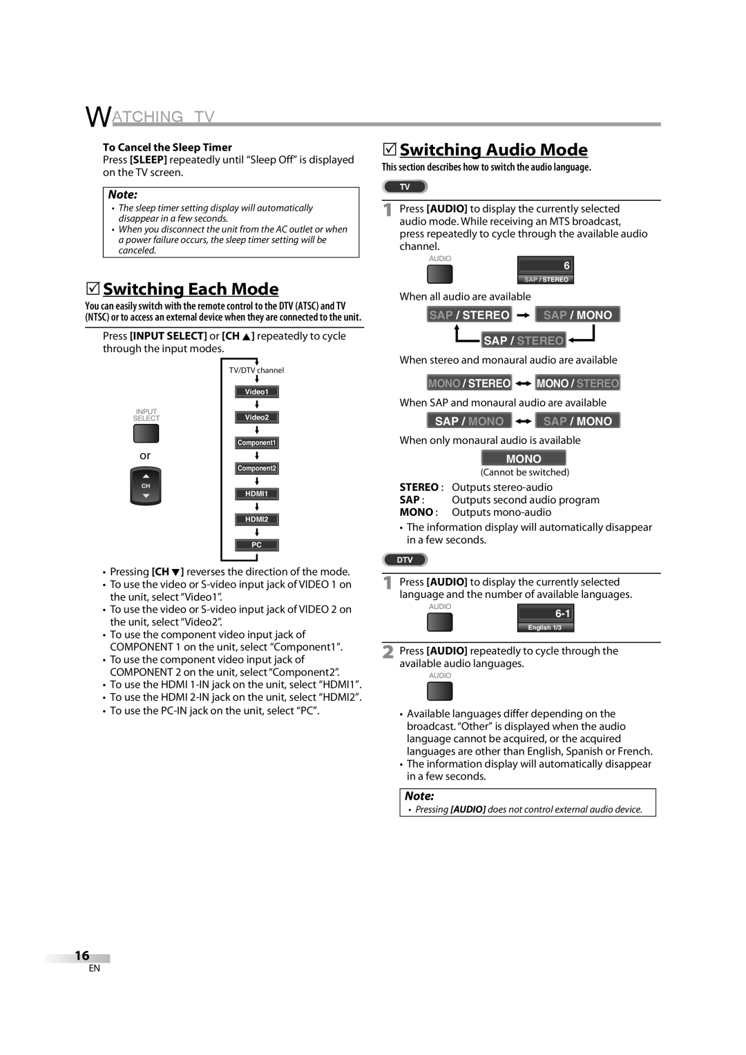 Sylvania LD370SC8 S owner manual 5Switching Each Mode, 5Switching Audio Mode, To Cancel the Sleep Timer 