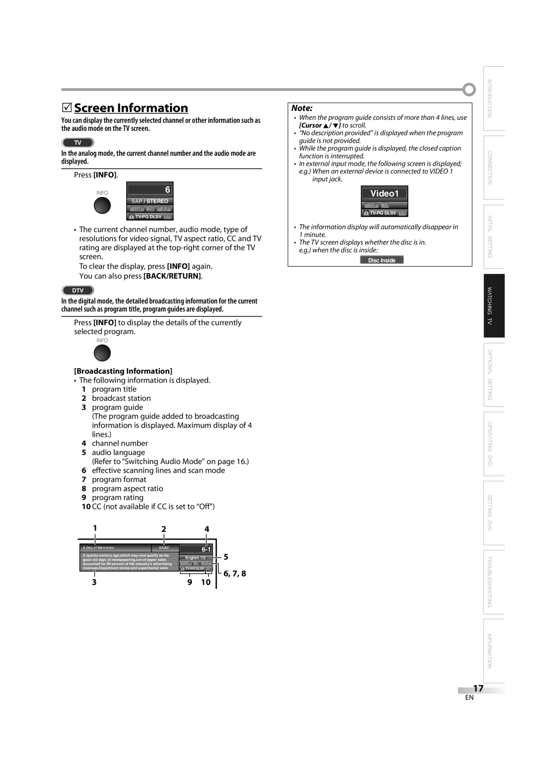 Sylvania LD370SC8 S owner manual 5Screen Information, Press Info, Broadcasting Information 