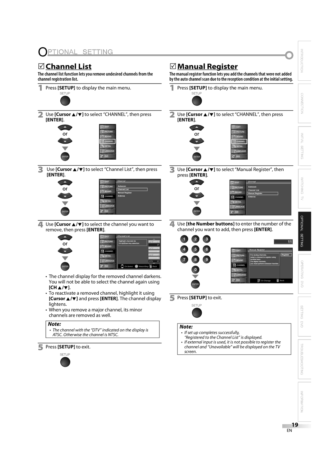 Sylvania LD370SC8 S owner manual Optional Setting, 5Channel List, 5Manual Register, Enter, Ch K/ L 