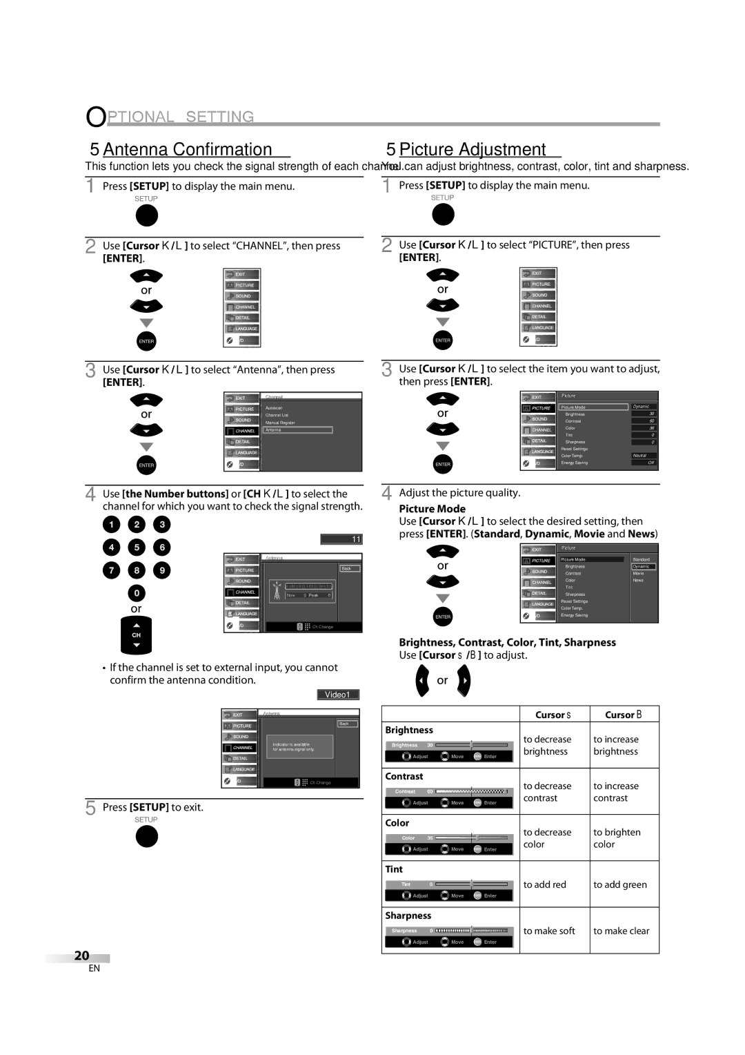 Sylvania LD370SC8 S owner manual 5Antenna Confirmation, 5Picture Adjustment, Picture Mode 