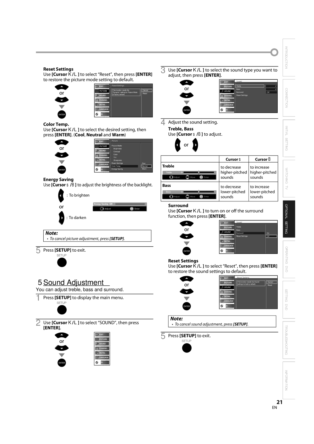 Sylvania LD370SC8 S owner manual Sound Adjustment, Reset Settings 