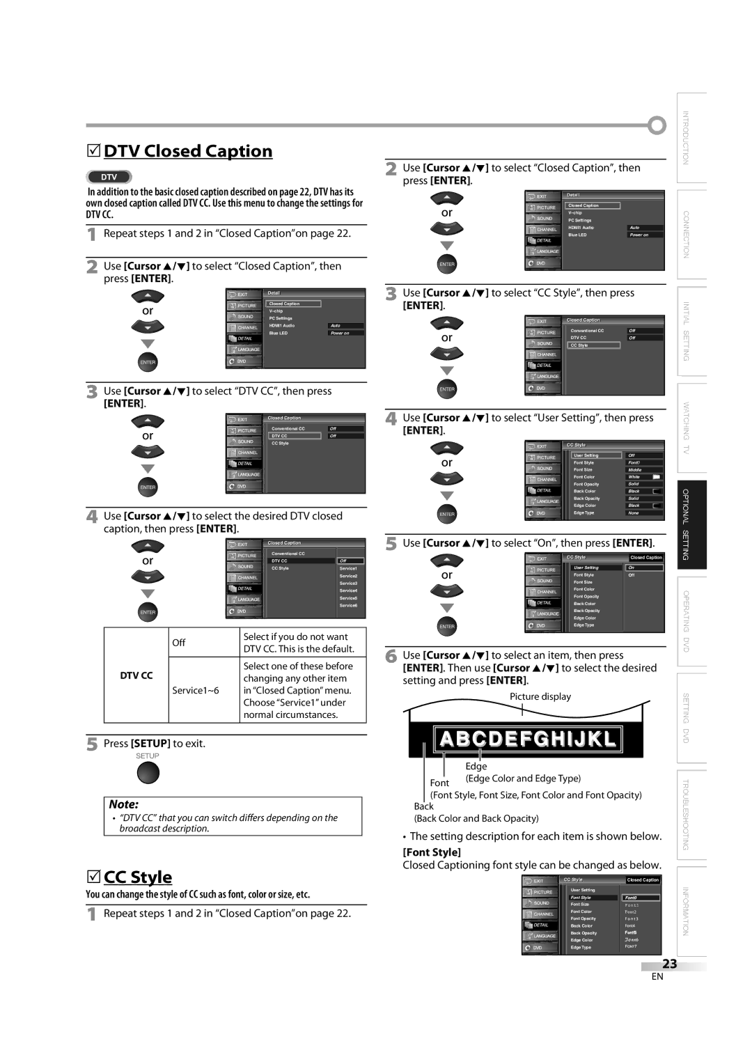 Sylvania LD370SC8 S owner manual 5DTV Closed Caption, 5CC Style, Dtv Cc 