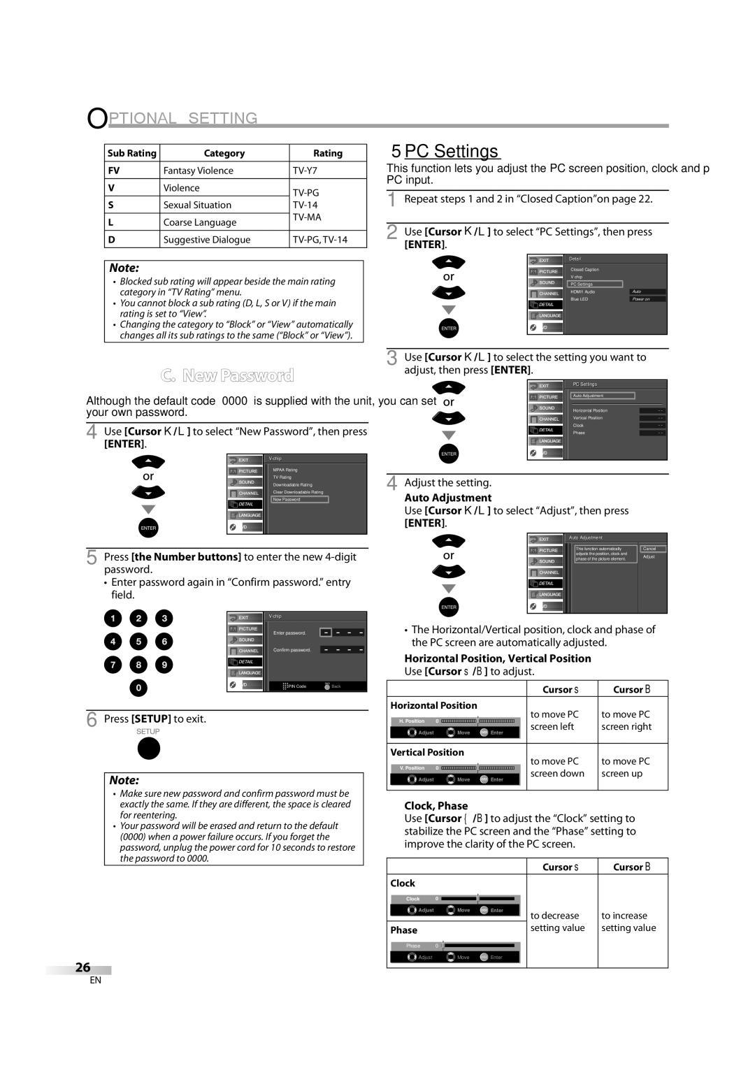 Sylvania LD370SC8 S 5PC Settings, New Password, Auto Adjustment, Horizontal Position, Vertical Position, Clock, Phase 