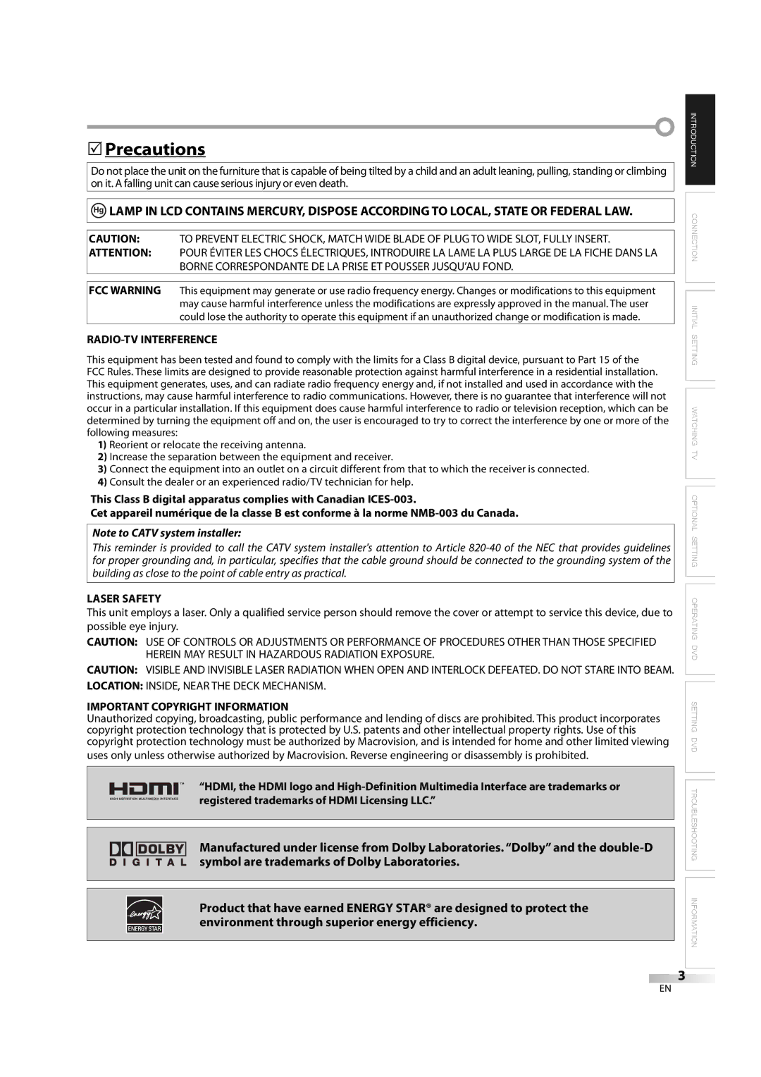 Sylvania LD370SC8 S owner manual Precautions, RADIO-TV Interference, Laser Safety, Important Copyright Information 